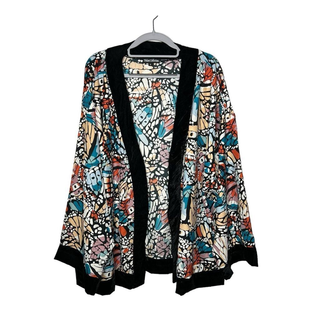 Tolani Multicolor Abstract Floral Kimono Cardigan with Black Trim
